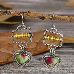 Multicolor Geometric Silver Abacus Design Stone Vintage Earrings